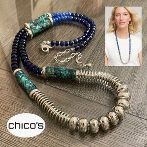 Chico’s Silver & Blue Beaded Statement Necklace Women Jewelry Resin Shell Beads